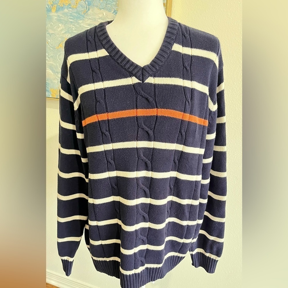 VTG Oscar De La Renta Navy & White Striped Crewneck 100% Cotton Sweater, Size XL
